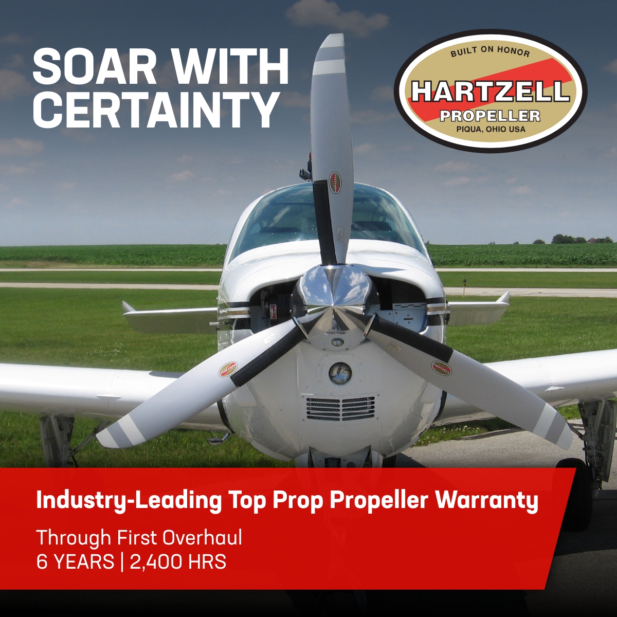 Aircraft with scimitar aluminum blades and text: Soar with Certainty; Industry Leading Top Prop Propeller Warranty through first overhaul, up to 6 years or 2,400 hours