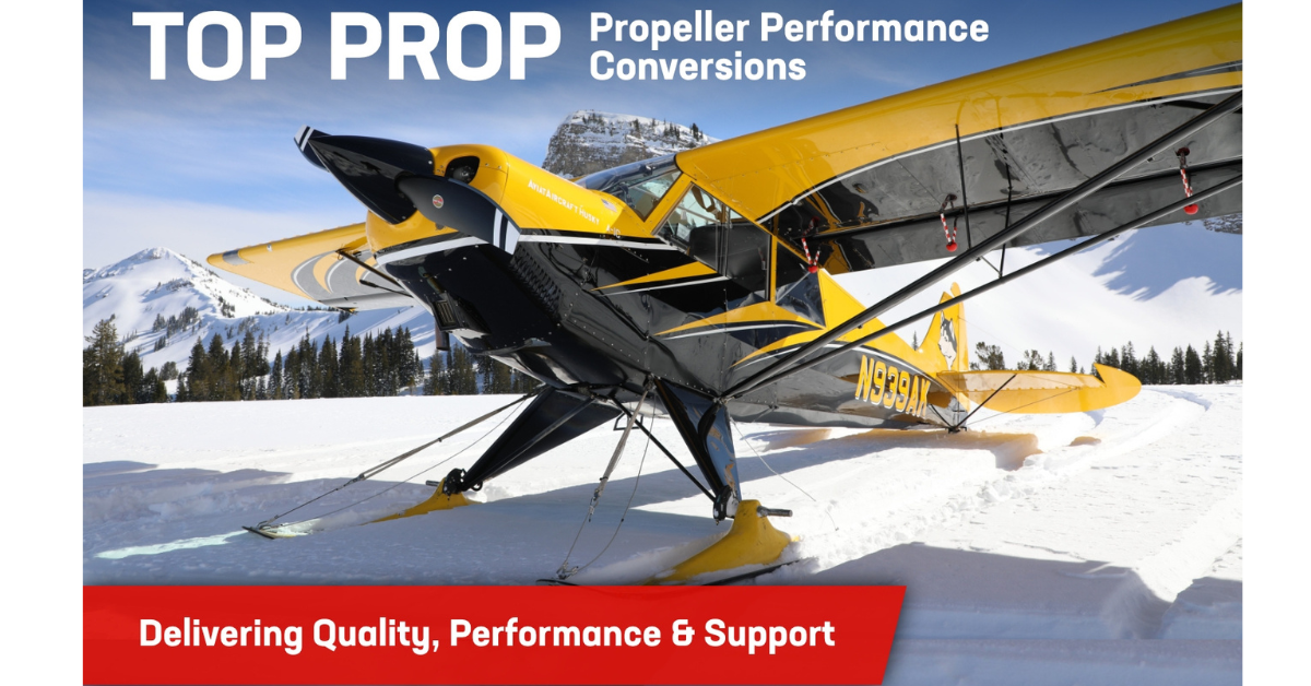 Yellow airplane on snow with text: Top Prop Propeller Performance Conversions, Delivering Quality, Performance, and Support