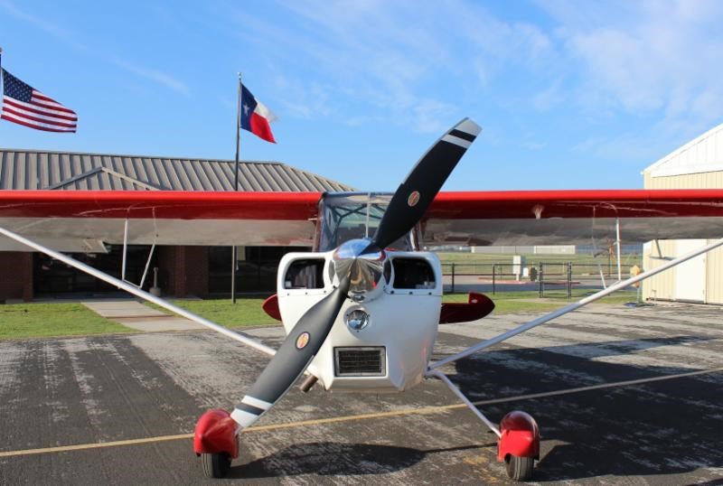 Red and White Super Decathlon aircraft with two-blade Trailblazer propeller from Hartzell propeller